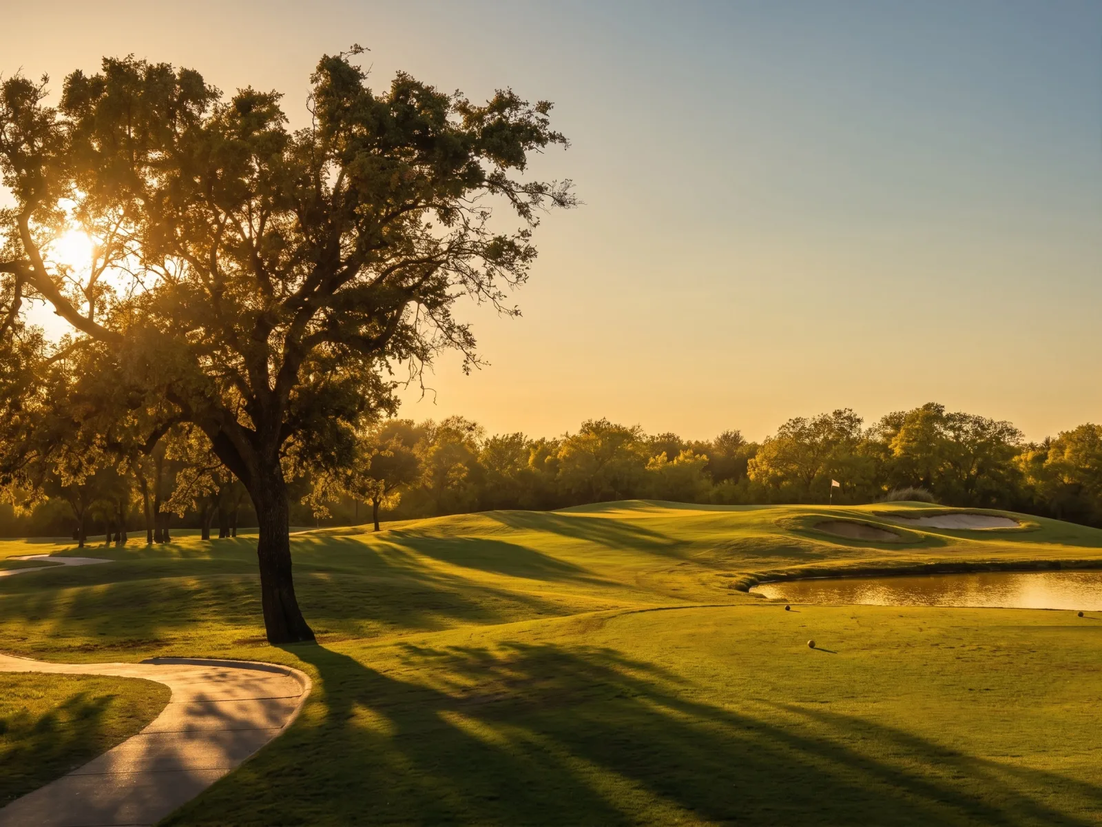 Sunlit fairway and bunkers at Luna Vista in Dallas, Texas