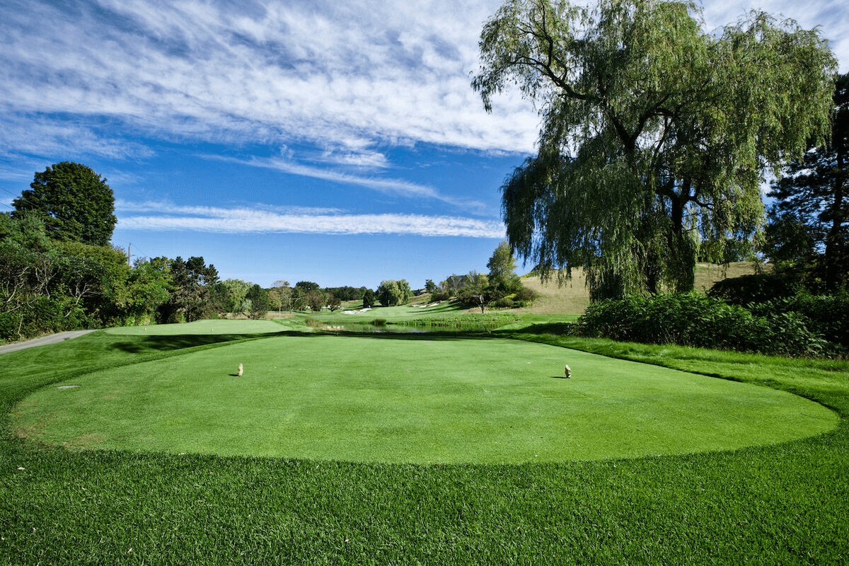 Wide view of a golf course ground, showcasing the lush fairway and green.
